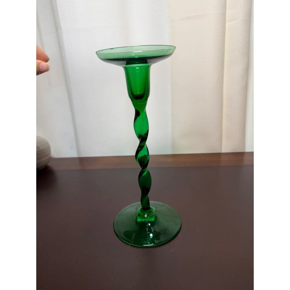 Emerald Green Glass Spiral Twist Stem Candlestick Holder Mid Century Modern 9.5